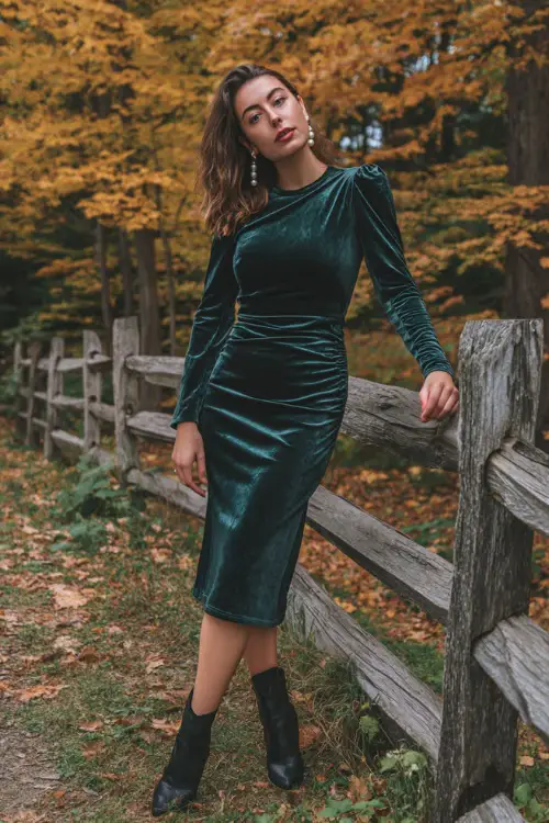 A woman in a forest green velvet midi dress with a fitted waist and long sleeves, styled with black heeled boots and pearl earrings 