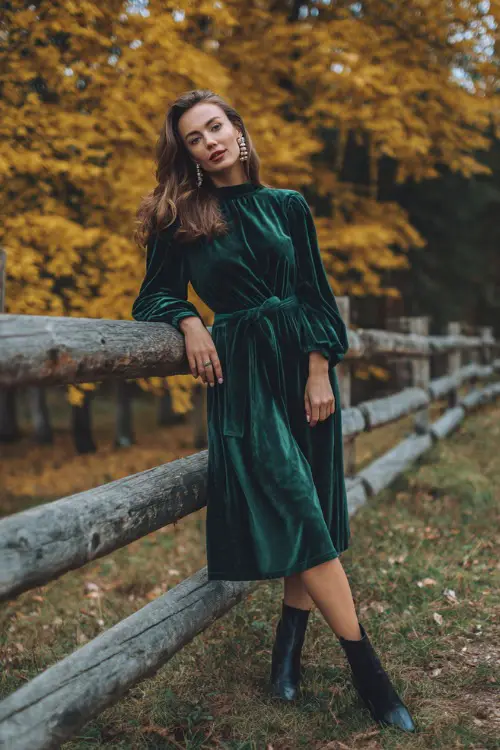 A woman in a forest green velvet midi dress with a fitted waist and long sleeves, styled with black heeled boots and pearl earrings