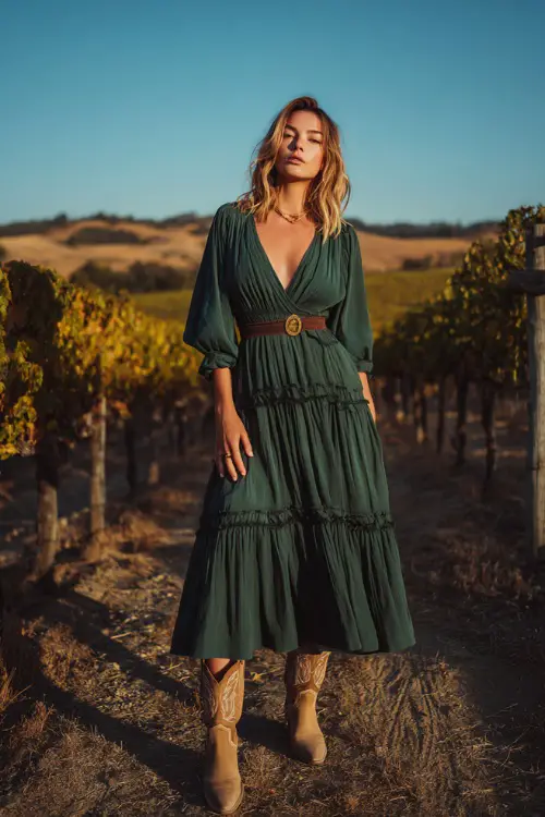 A woman in a hunter green chiffon maxi dress with tiered layers, paired with light brown cowboy boots, standing in a vineyard during sunset with golden vines 
