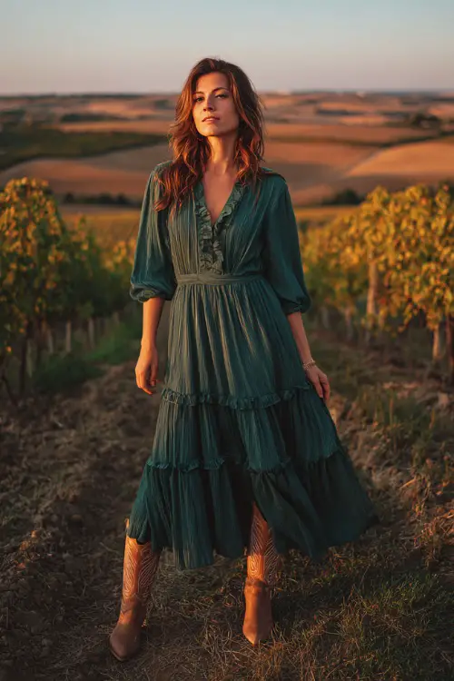A woman in a hunter green chiffon maxi dress with tiered layers, paired with light brown cowboy boots, standing in a vineyard during sunset with golden vines
