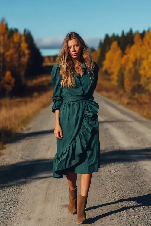 A woman in a hunter green midi dress with ruffled details, accessorized with suede ankle boots and layered necklaces, standing along a country road lined with golden autumn trees