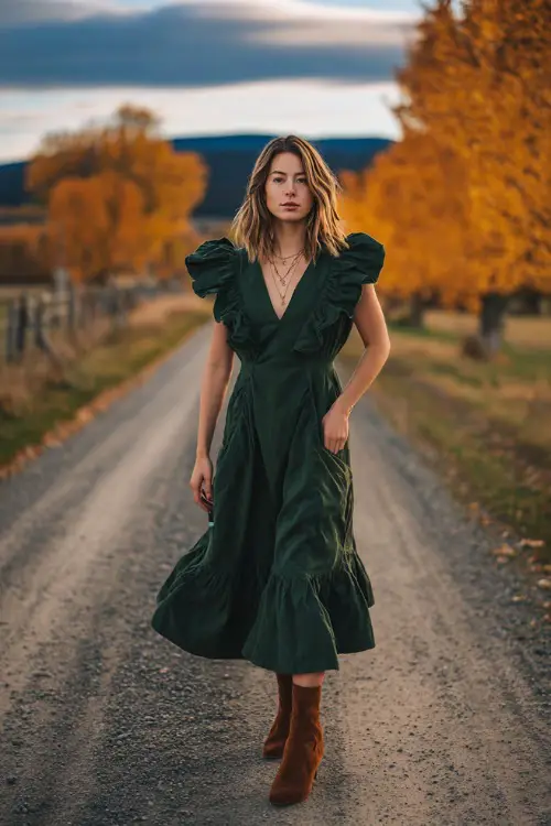 A woman in a hunter green midi dress with ruffled details, accessorized with suede ankle boots and layered necklaces