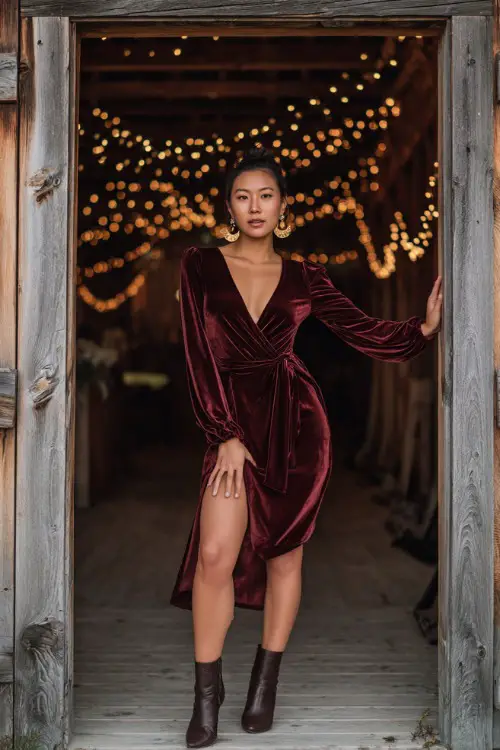 A woman in a maroon velvet wrap dress with bishop sleeves, accessorized with gold earrings and heeled boots, posing by a wooden barn door draped in fairy lights 