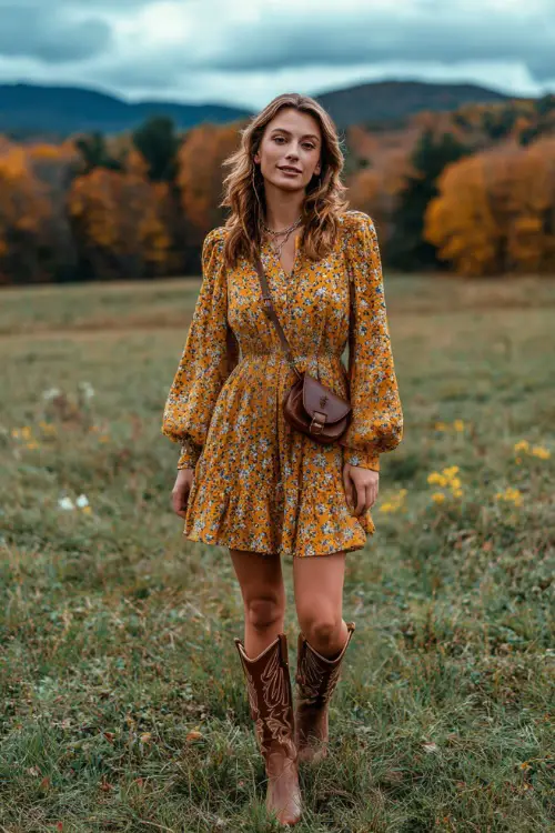 A woman in a mustard floral print dress with long bishop sleeves, accessorized with cowboy boots and a leather crossbody