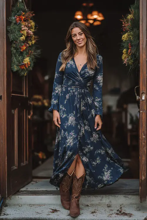 A woman in a navy floral print maxi dress with long sleeves and a flowy skirt, accessorized with distressed brown cowboy boots 