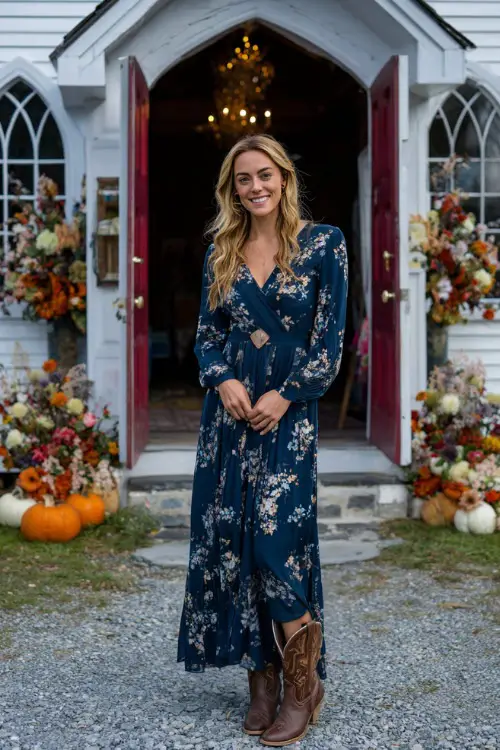 A woman in a navy floral print maxi dress with long sleeves and a flowy skirt, accessorized with distressed brown cowboy boots, posing at a countryside chapel wedding decorated with fall flowers