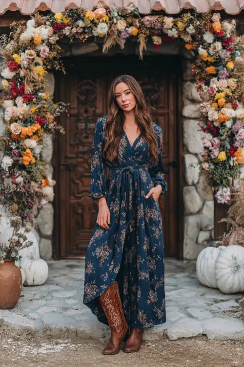 A woman in a navy floral print maxi dress with long sleeves and a flowy skirt, accessorized with distressed brown cowboy boots