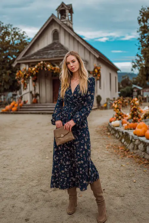 A woman in a navy floral print maxi dress with long sleeves and a flowy skirt, paired with suede boots and a crossbody clutch 