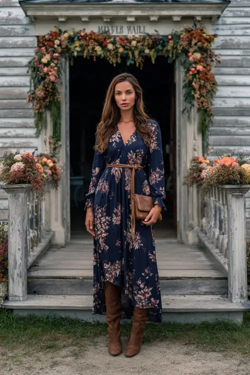 A woman in a navy floral print maxi dress with long sleeves and a flowy skirt, paired with suede boots and a crossbody clutch