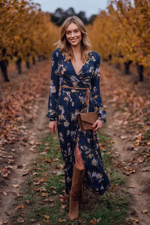 A woman in a navy floral print maxi dress with long sleeves, paired with suede ankle boots and a leather clutch, posing in an orchard wedding setting with autumn leaves on the ground 