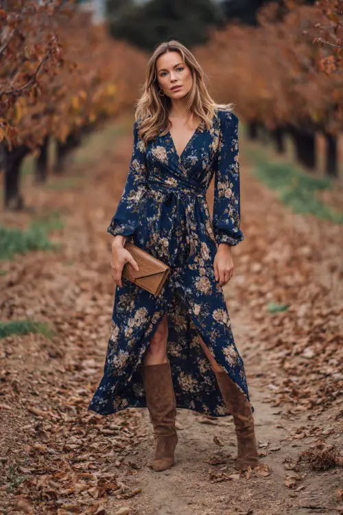A woman in a navy floral print maxi dress with long sleeves, paired with suede ankle boots and a leather clutch, posing in an orchard wedding setting with autumn leaves on the ground