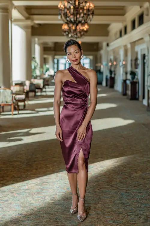 A woman in a plum satin cocktail dress with an asymmetrical neckline, accessorized with metallic heels and earrings 