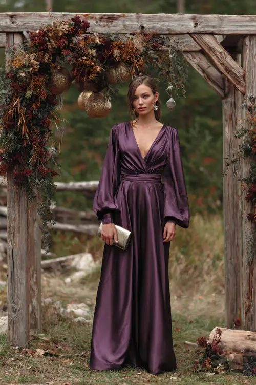 A woman in a plum satin gown with long sleeves and a flowing skirt, accessorized with a small clutch, standing beneath an outdoor wooden wedding arch draped with October garlands