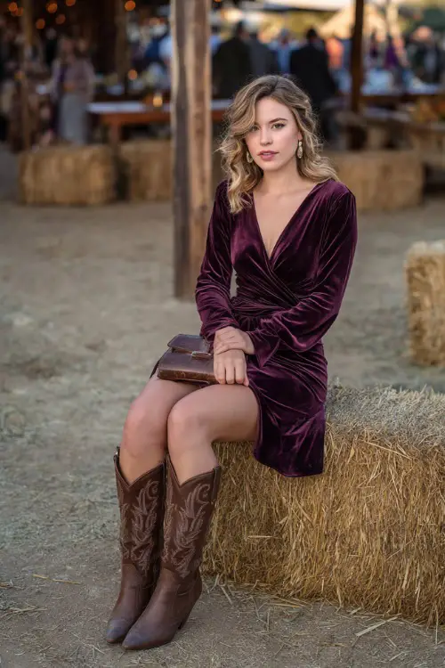 A woman in a plum velvet wrap dress with knee-length hem, styled with western boots and a leather clutch, posing near a hay bale seating area at a rustic October wedding 