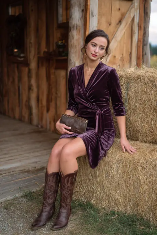 A woman in a plum velvet wrap dress with knee-length hem, styled with western boots and a leather clutch, posing near a hay bale seating area at a rustic October wedding