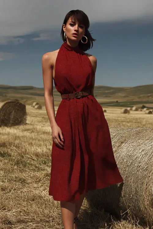 A woman in a ruby red chiffon midi dress with a belted waist, styled with hoop earrings and block heels, standing in a countryside meadow with haystacks in the distance