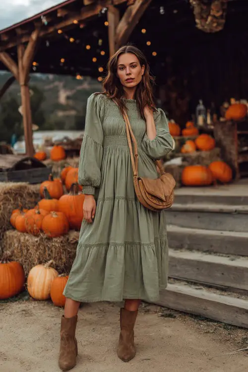 A woman in a sage green cotton midi dress with tiered skirt and long sleeves, posing casually near an outdoor barn wedding setup with pumpkins and lanterns 