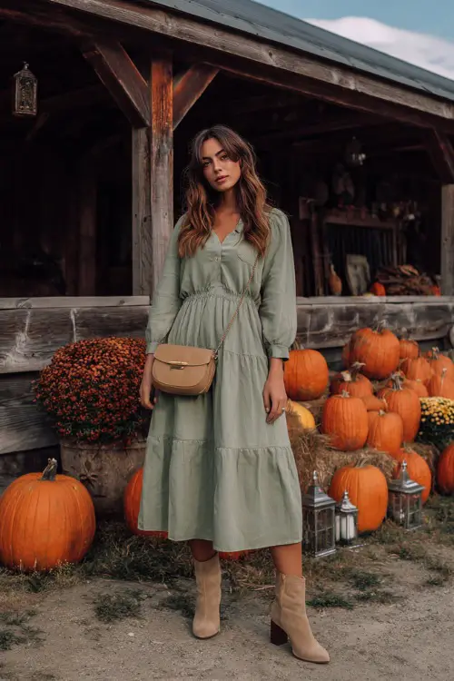 A woman in a sage green cotton midi dress with tiered skirt and long sleeves, posing casually near an outdoor barn wedding setup with pumpkins and lanterns