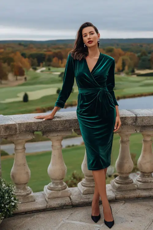 A woman in an emerald green velvet midi dress with long sleeves and a belted waist, accessorized with silver earrings and black stilettos 
