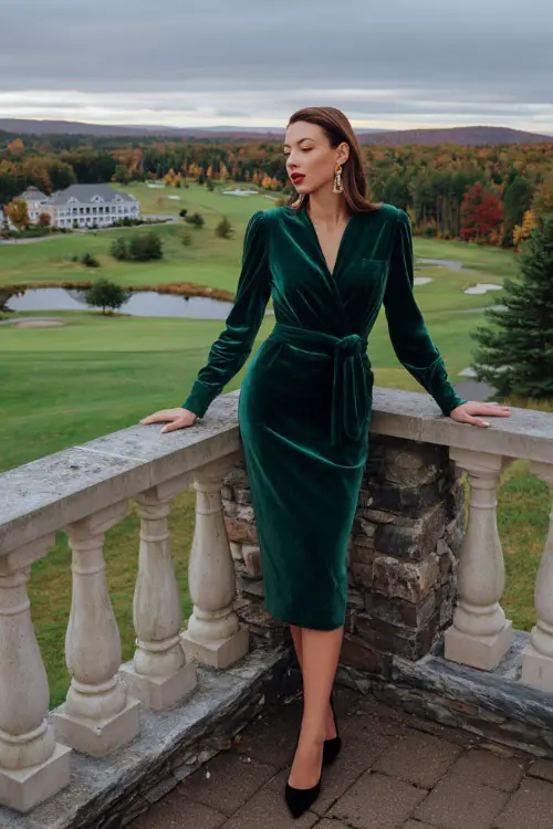 A woman in an emerald green velvet midi dress with long sleeves and a belted waist, accessorized with silver earrings and black stilettos