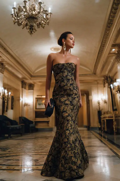A woman wears a black and gold brocade gown with a fitted mermaid skirt, chandelier earrings, and an evening clutch in an opulent reception space 