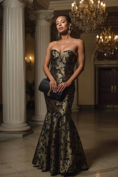 A woman wears a black and gold brocade gown with a fitted mermaid skirt, chandelier earrings, and an evening clutch in an opulent reception space