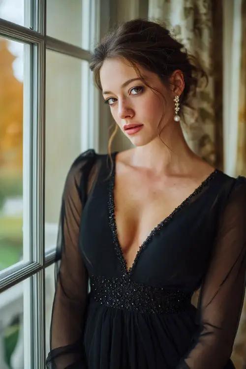 A woman wears a black chiffon gown with long sheer sleeves, beaded bodice, and pearl earrings in an elegant autumn-themed wedding venue 