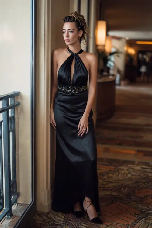 A woman wears a black satin halter-neck gown with an open back, jeweled belt, and strappy heels at a luxury hotel wedding