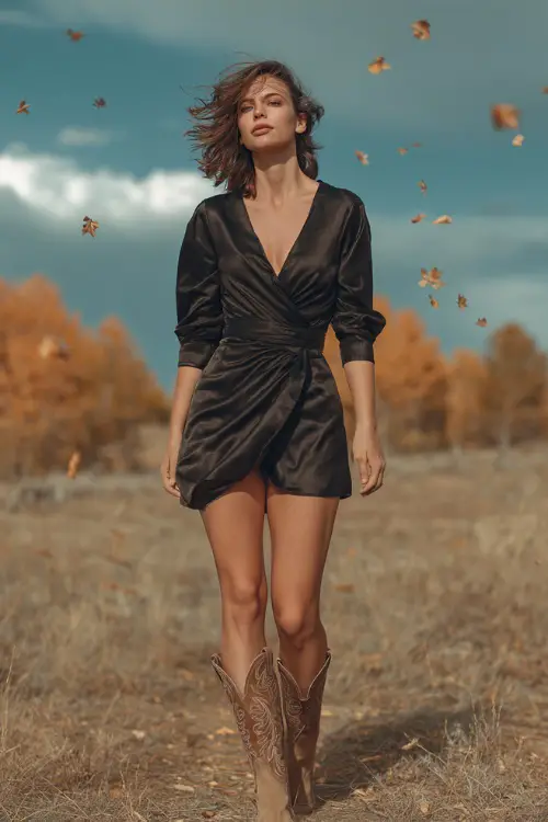 A woman wears a black satin wrap dress with three-quarter sleeves and a slit, styled with cowgirl boots, standing in an open meadow with autumn leaves falling around her