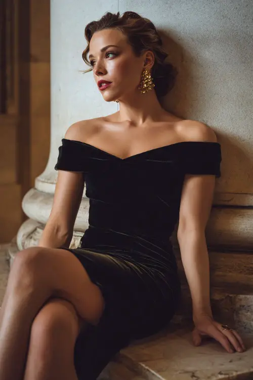 A woman wears a black velvet off-the-shoulder cocktail dress, gold statement earrings, and stilettos at an art deco wedding venue 