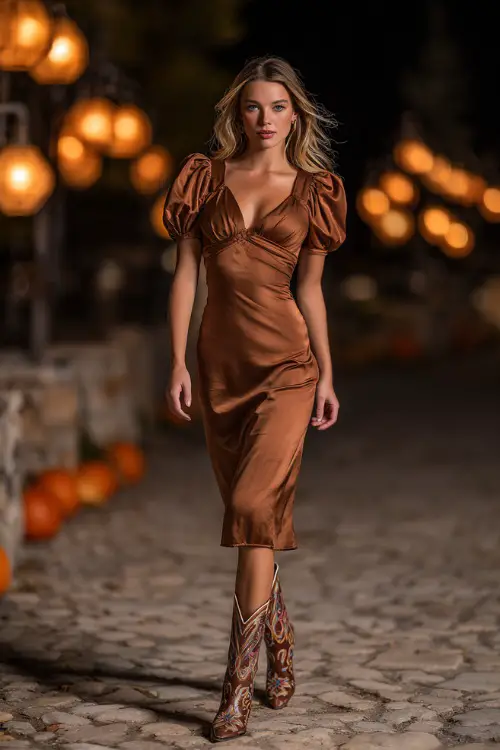 A woman wears a bronze satin midi dress with short puff sleeves, styled with embroidered cowboy boots, standing on a cobblestone path lined with autumn lanterns 