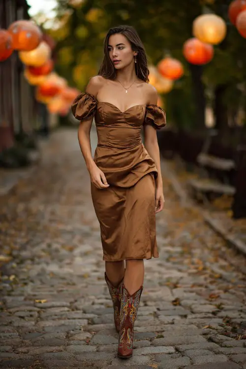 A woman wears a bronze satin midi dress with short puff sleeves, styled with embroidered cowboy boots, standing on a cobblestone path lined with autumn lanterns
