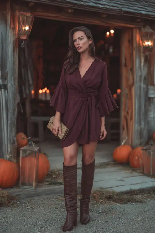 A woman wears a burgundy chiffon wrap dress with flutter sleeves, paired with tall brown leather boots and a clutch, standing in front of a rustic barn decorated with pumpkins and lanterns
