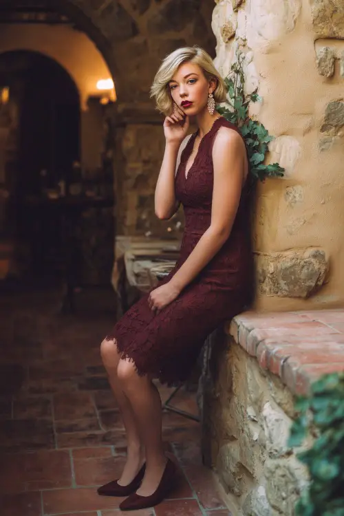 A woman wears a burgundy lace scalloped-hem cocktail dress, pumps, and pearl drop earrings at a rustic stone courtyard wedding 