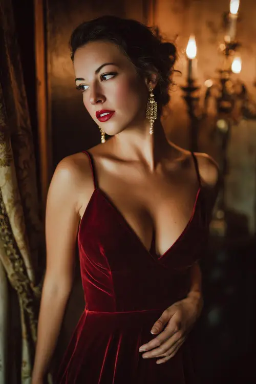A woman wears a burgundy velvet V-neck gown with a fitted bodice, train hem, and gold chandelier earrings in a candlelit historic venue