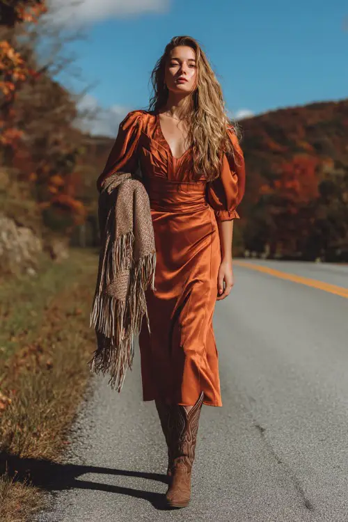 A woman wears a burnt orange satin midi dress with puff sleeves, accessorized with cowboy boots and a fringed shawl, standing on a country road lined with October foliage 
