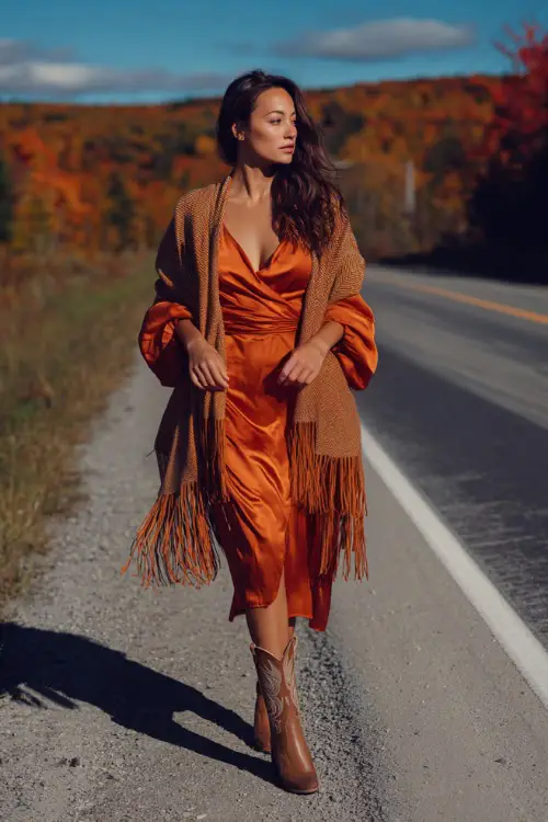 A woman wears a burnt orange satin midi dress with puff sleeves, accessorized with cowboy boots and a fringed shawl, standing on a country road lined with October foliage 