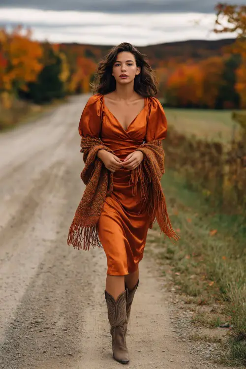 A woman wears a burnt orange satin midi dress with puff sleeves, accessorized with cowboy boots and a fringed shawl, standing on a country road lined with October foliage 