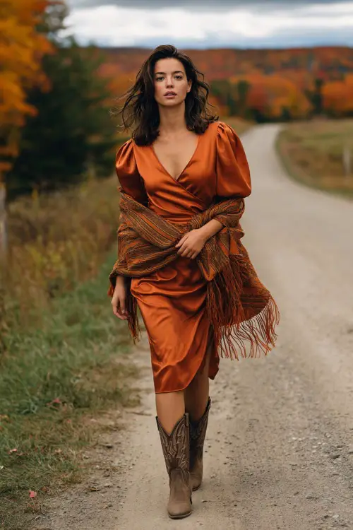 A woman wears a burnt orange satin midi dress with puff sleeves, accessorized with cowboy boots and a fringed shawl, standing on a country road lined with October foliage