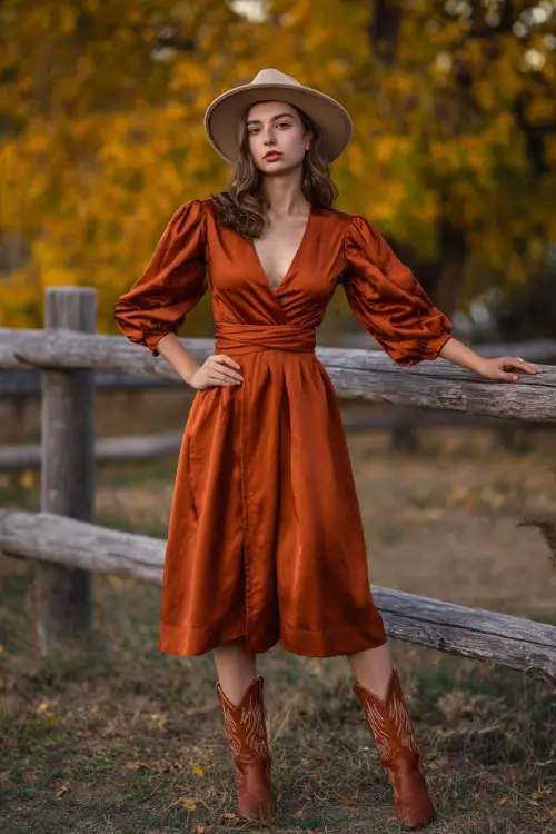 A woman wears a burnt orange satin midi dress with puff sleeves, styled with cowboy boots and a felt hat, standing in front of a wooden fence surrounded by autumn trees 