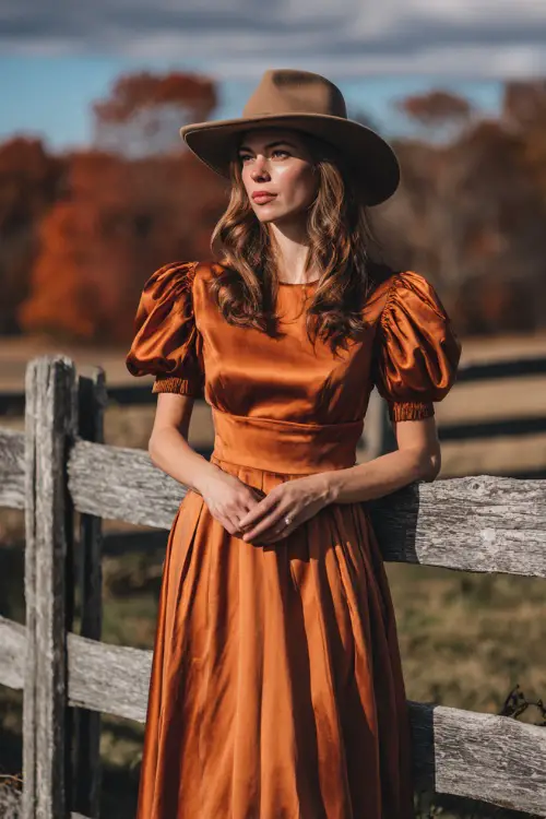 A woman wears a burnt orange satin midi dress with puff sleeves, styled with cowboy boots and a felt hat, standing in front of a wooden fence surrounded by autumn trees