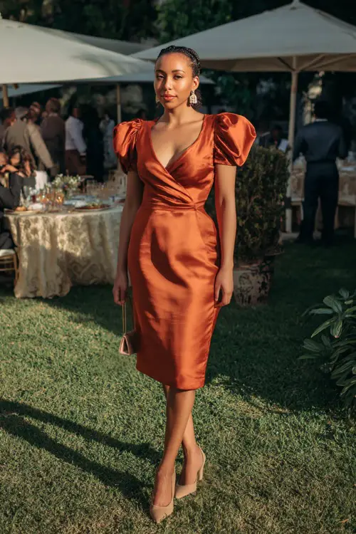 A woman wears a burnt orange satin puff-sleeve cocktail dress, beige heels, and crystal earrings at a garden reception 