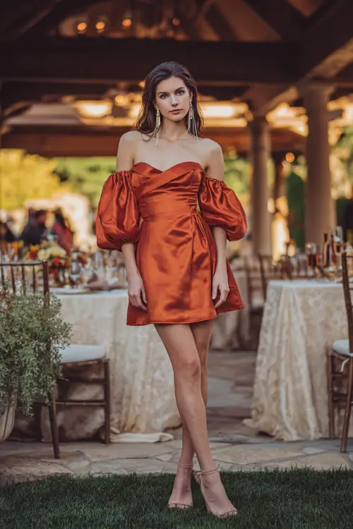 A woman wears a burnt orange satin puff-sleeve cocktail dress, beige heels, and crystal earrings at a garden reception