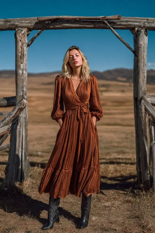 A woman wears a copper pleated maxi dress with long sleeves, styled with black cowboy boots, standing beneath a rustic wooden wedding arch in an open meadow