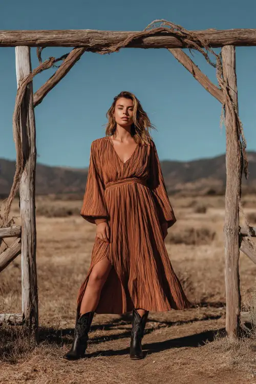 A woman wears a copper pleated maxi dress with long sleeves, styled with black cowboy boots, standing beneath a rustic wooden wedding arch in an open meadow 