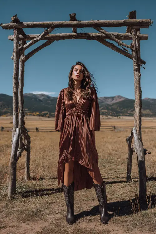 A woman wears a copper pleated maxi dress with long sleeves, styled with black cowboy boots, standing beneath a rustic wooden wedding arch in an open meadow