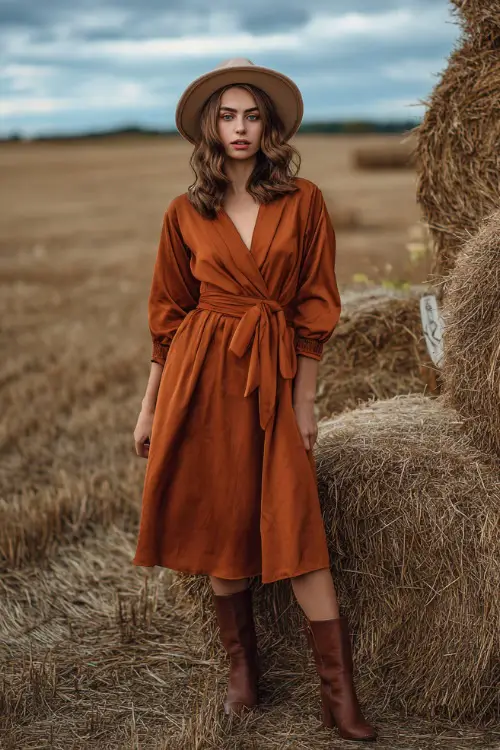A woman wears a copper satin midi dress with a wrap front, paired with brown block-heeled boots, posing near hay bales and a countryside arch with lanterns