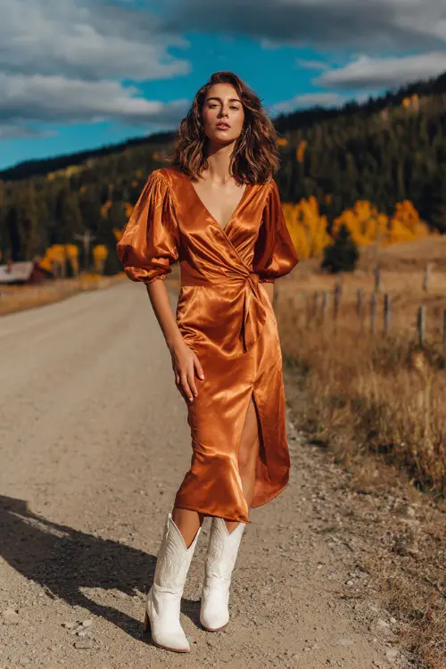 A woman wears a copper satin midi dress with puff sleeves and a tie waist, paired with white cowboy boots, standing on a country road surrounded by autumn foliage 