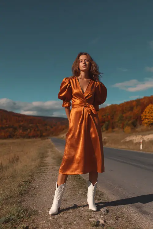 A woman wears a copper satin midi dress with puff sleeves and a tie waist, paired with white cowboy boots, standing on a country road surrounded by autumn foliage