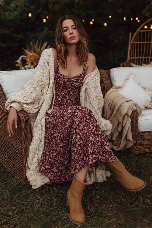 A woman wears a cream and burgundy floral print midi dress with puff sleeves and a smocked bodice, styled with tan suede boots and a long knit shawl